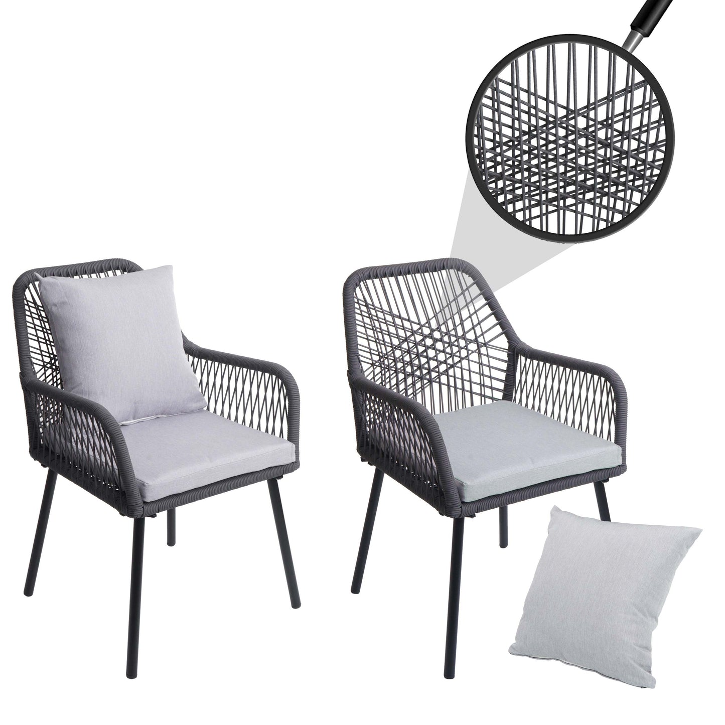 Cosmo Casa - Set van 2 Tuinstoelen - Zit- en Rugkussens - Aluminium - Touwgaas - Antraciet - Lichtgrijze Bekleding