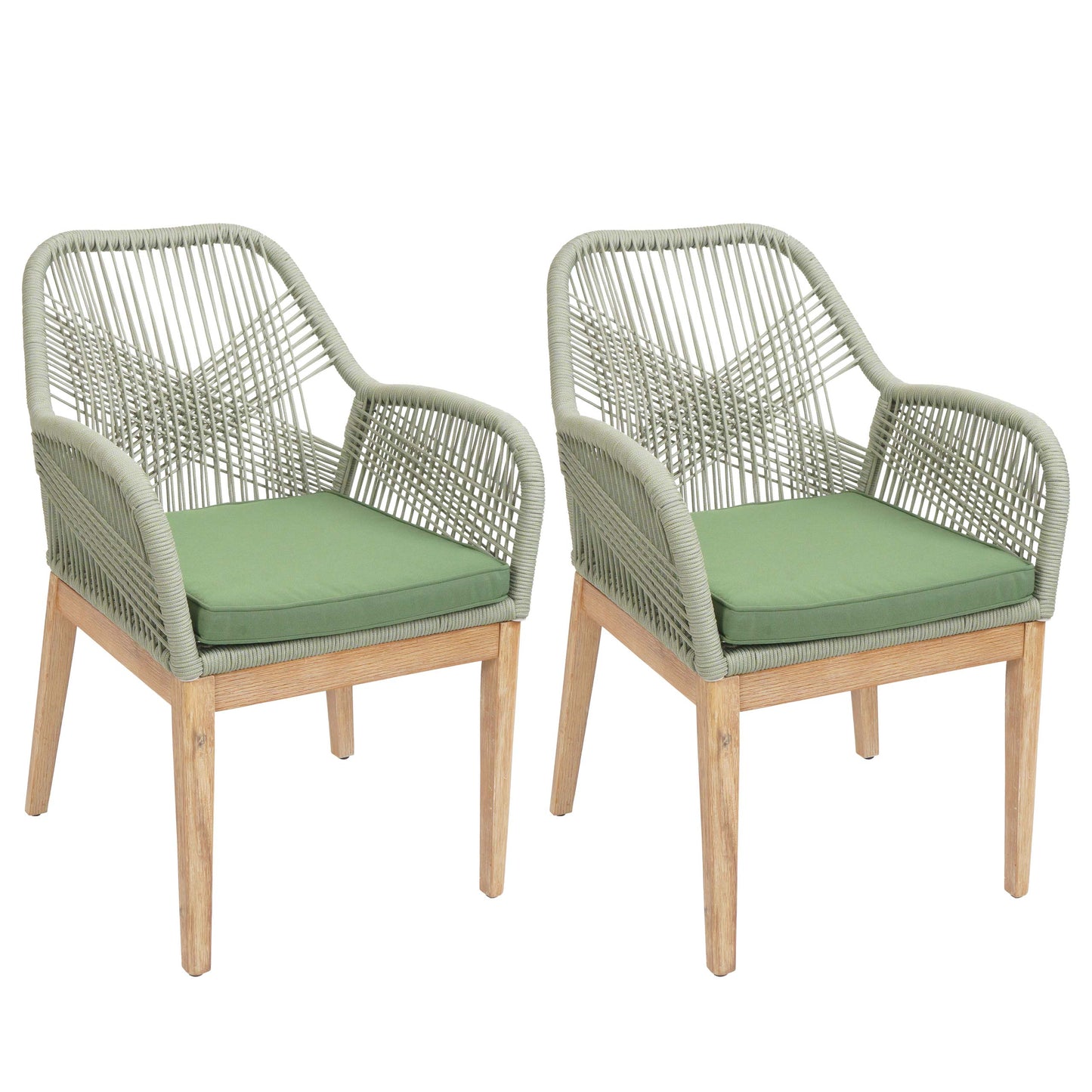 Cosmo Casa - Set van 2 Buitenfauteuils - Weerbestendig Touwgaas - Acaciahout - Groene Kussens - Groen Frame