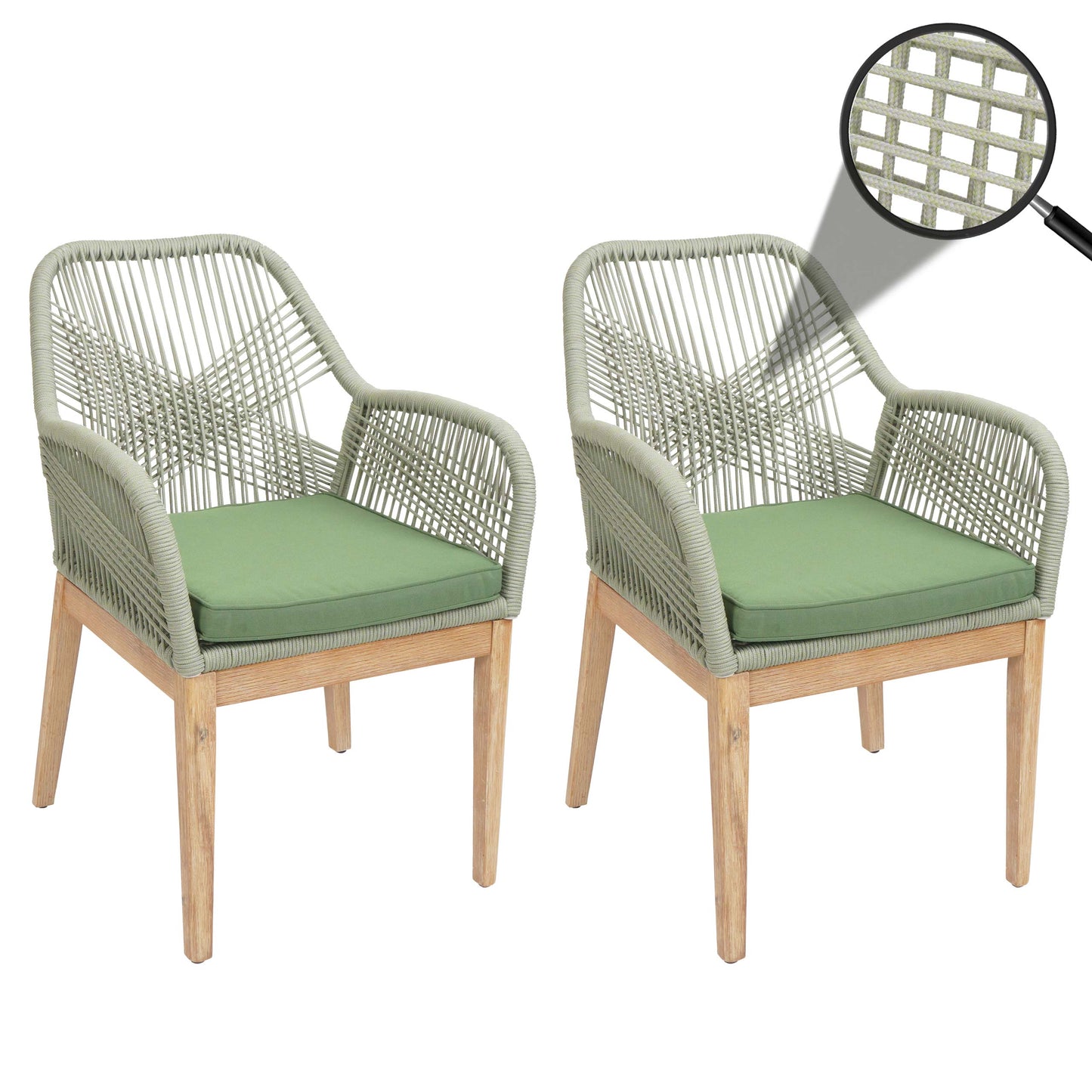 Cosmo Casa - Set van 2 Buitenfauteuils - Weerbestendig Touwgaas - Acaciahout - Groene Kussens - Groen Frame