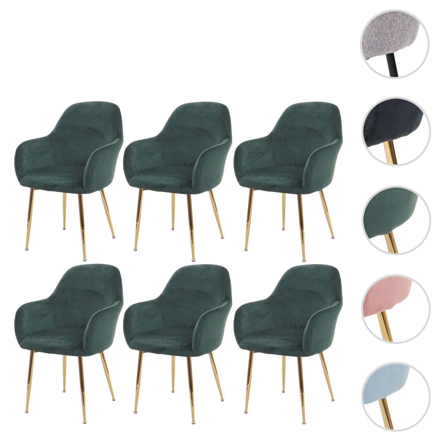 Cosmo Casa - Set van 6 Eetkamerstoelen - Retrodesign - Groen Fluweel met Gouden Poten