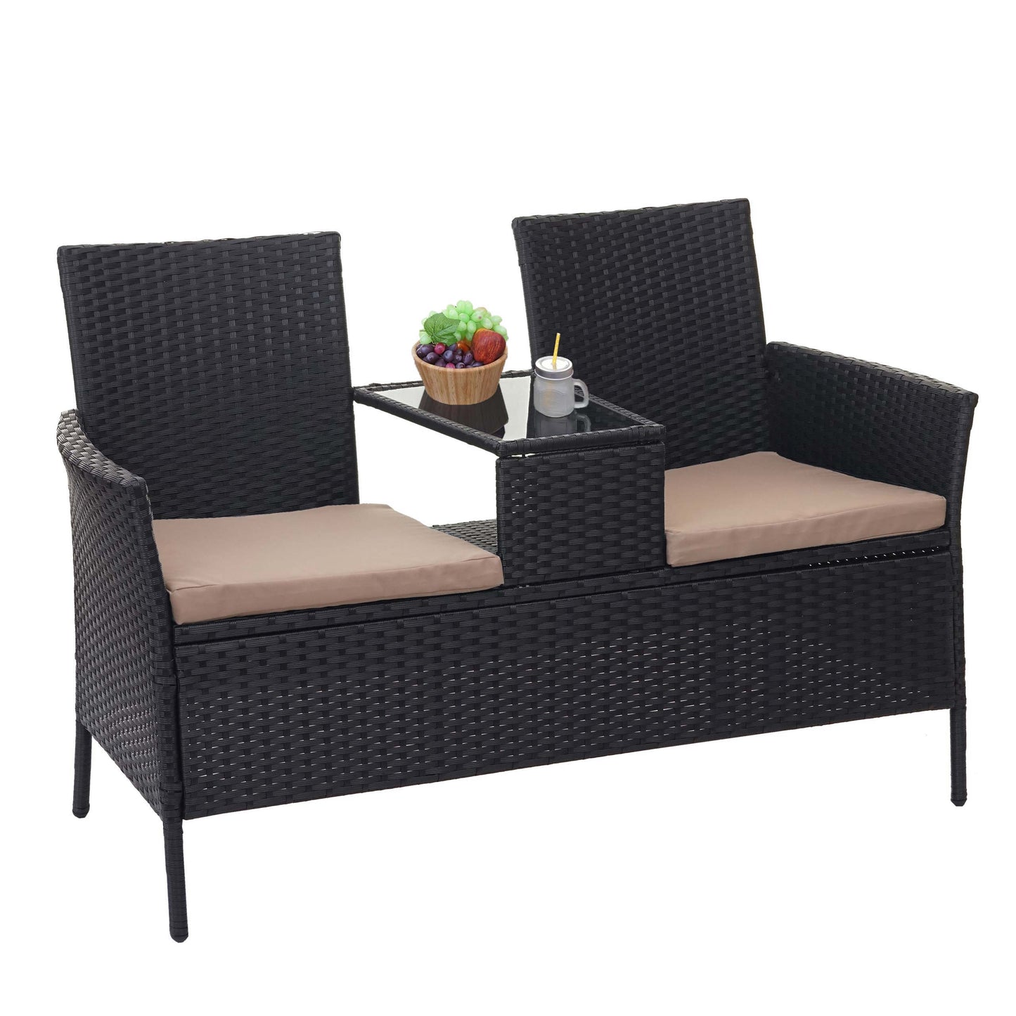 Cosmo Casa - Tuinbank met tafel - Zitgroep - Polyrotan - Zwart & Crème - 132 cm
