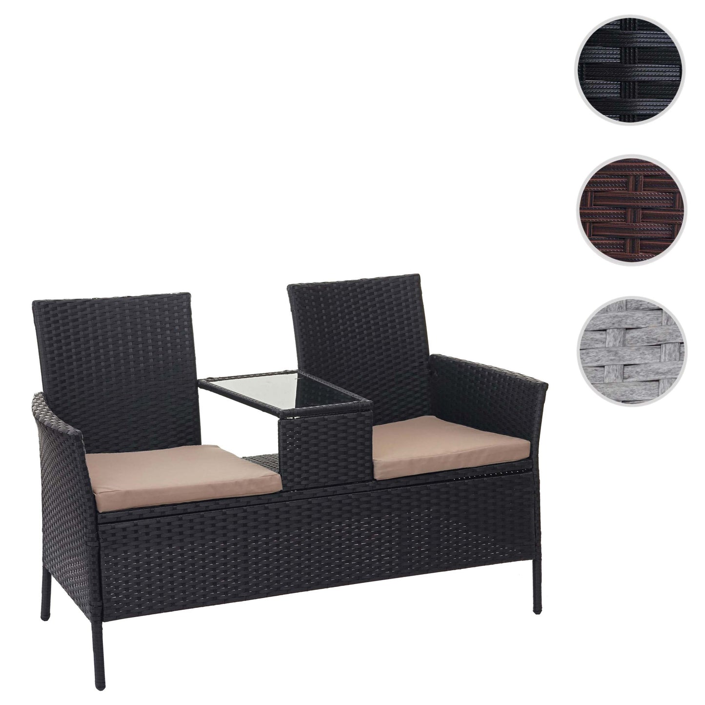 Cosmo Casa - Tuinbank met tafel - Zitgroep - Polyrotan - Zwart & Crème - 132 cm