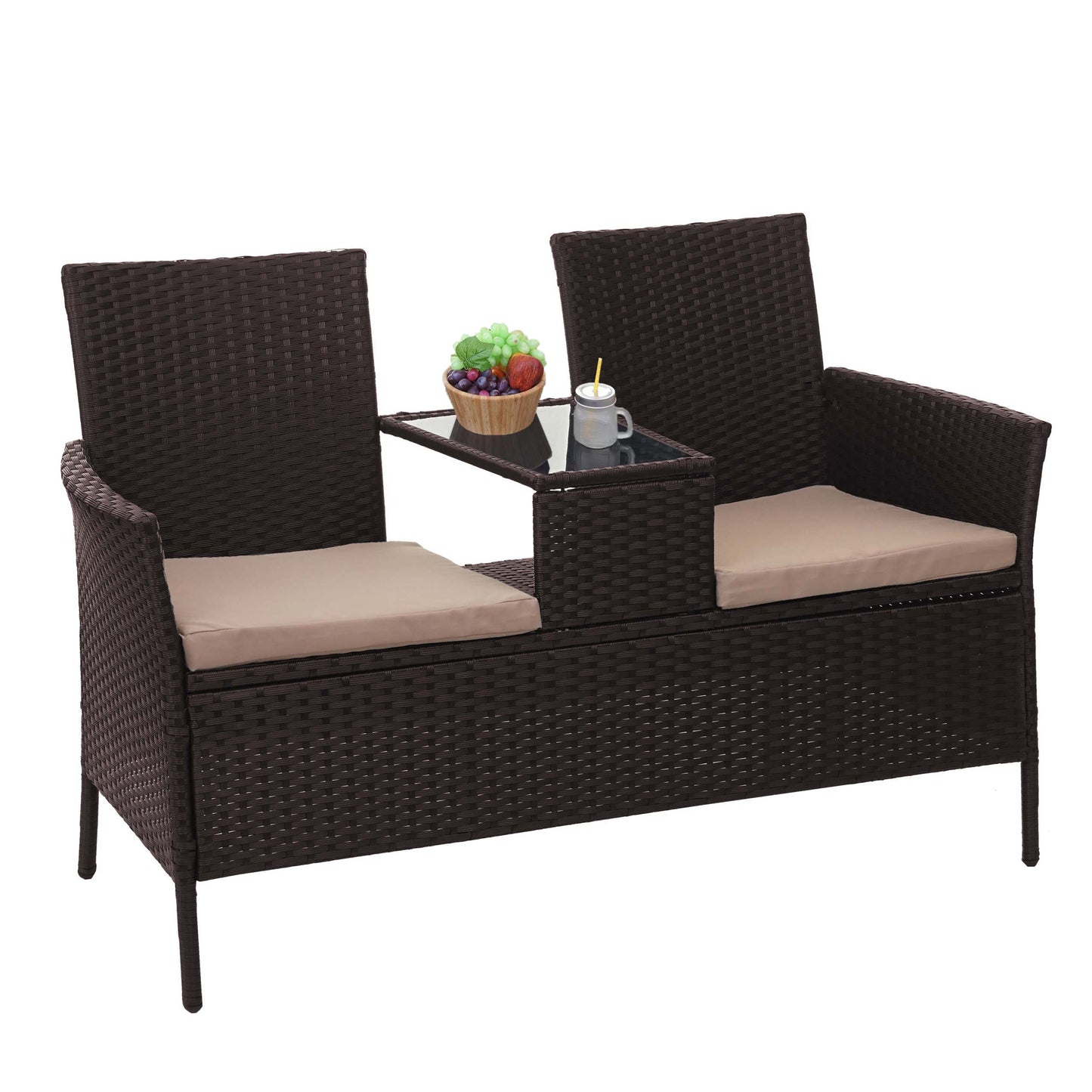 Cosmo Casa - Tuinbank met tafel - Zitgroep - Polyrotan - Bruin & Crème - 132 cm