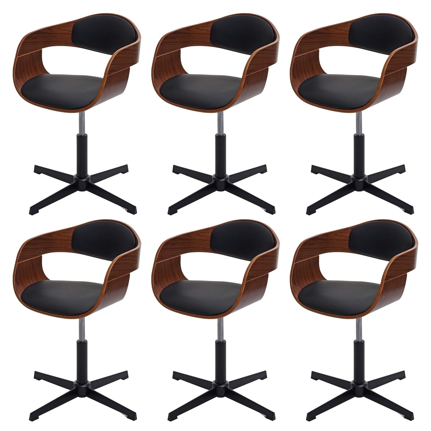 Cosmo Casa - Eetkamerstoelen set van 6 - Draaibaar verstelbaar - Gebogen hout - Zwart imitatieleer - FSC