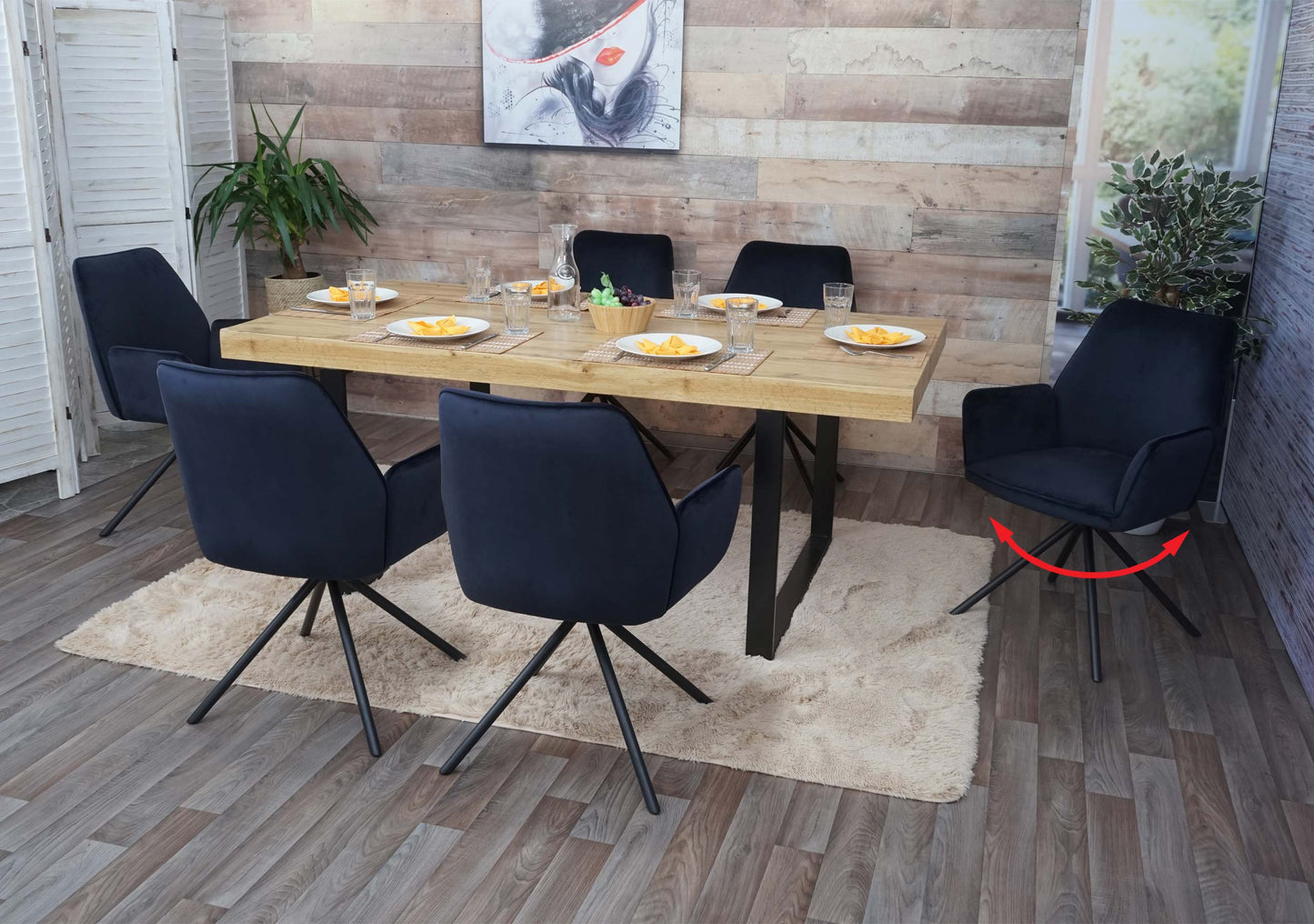 Cosmo Casa - Set van 6 Eetkamerstoelen - Keukenstoelen met Armleuningen - Fluweel - Antracietblauw - Zwarte Poten