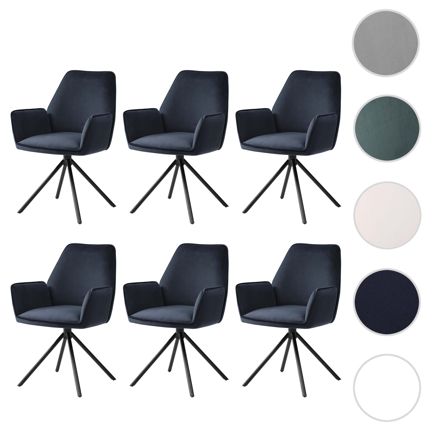 Cosmo Casa - Set van 6 Eetkamerstoelen - Keukenstoelen met Armleuningen - Fluweel - Antracietblauw - Zwarte Poten