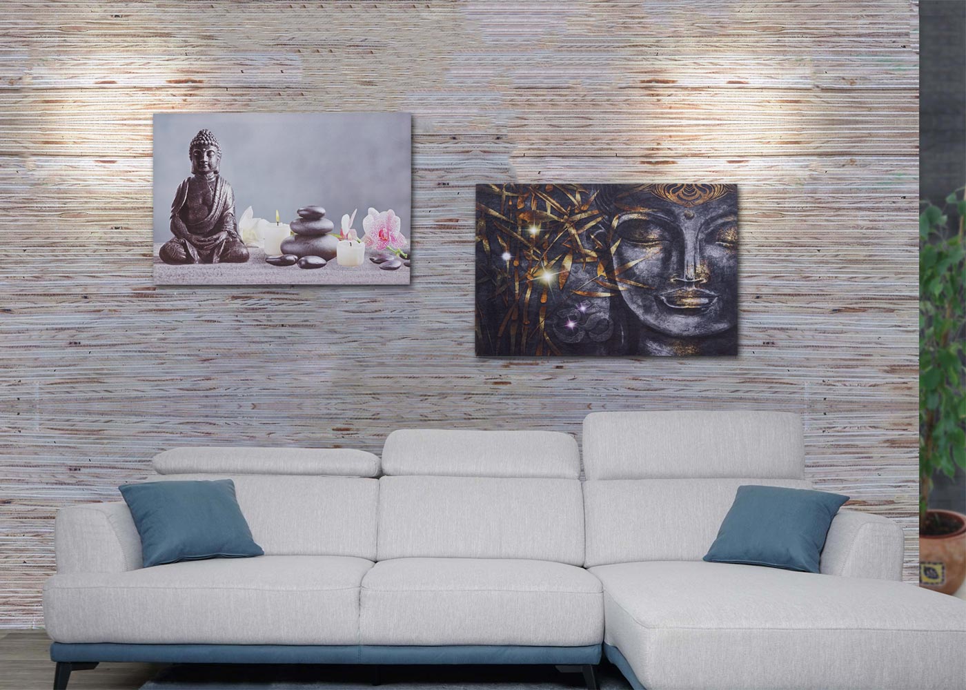 Cosmo Casa - Wanddecoratie - LED-Canvasfoto - Verlichte Foto - Boeddha - Zwart