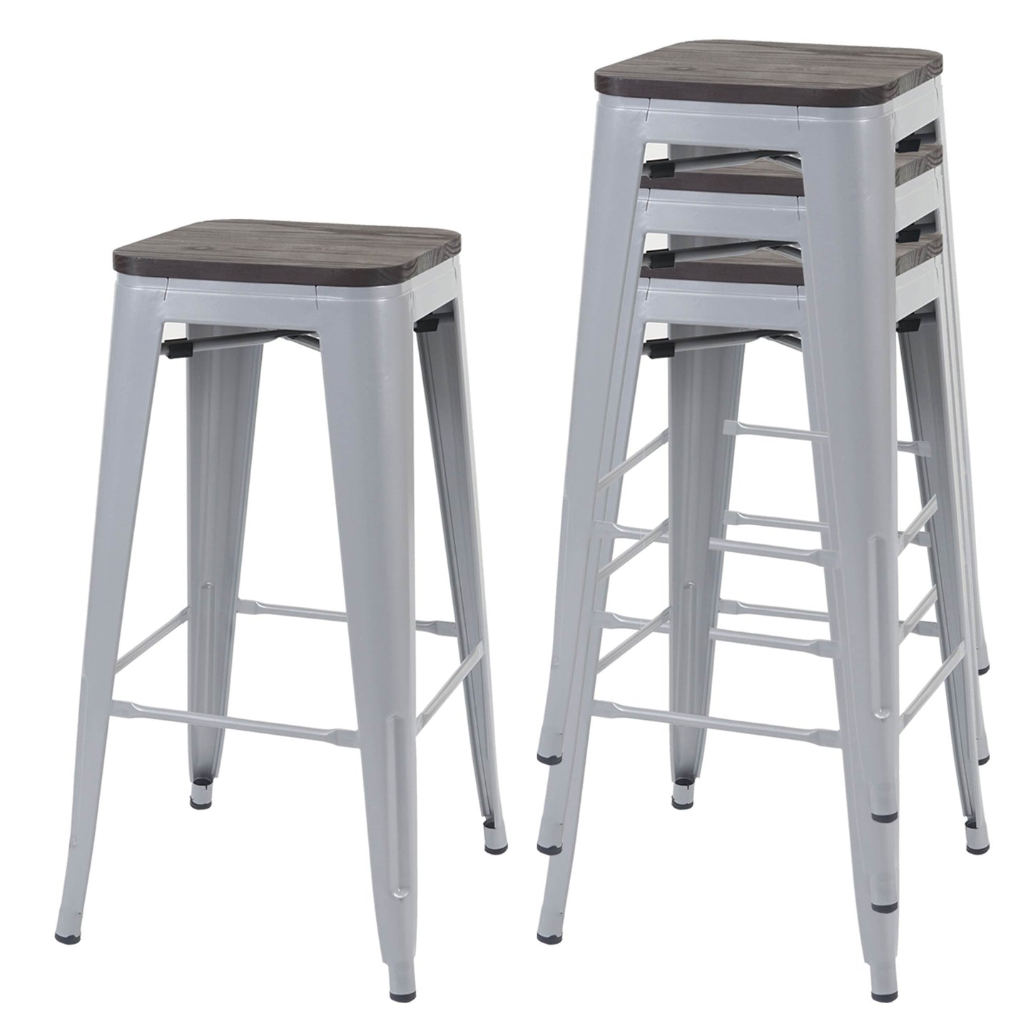 Cosmo Casa - Set van 4 Barkrukken - Stapelbaar - Metaal & Hout - Grijs