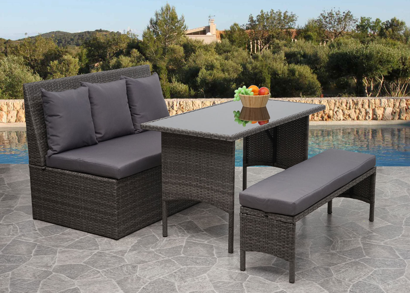 Cosmo Casa - Bank - Lounge - Polyrotan - Grijs & Donkergrijs - 112 cm