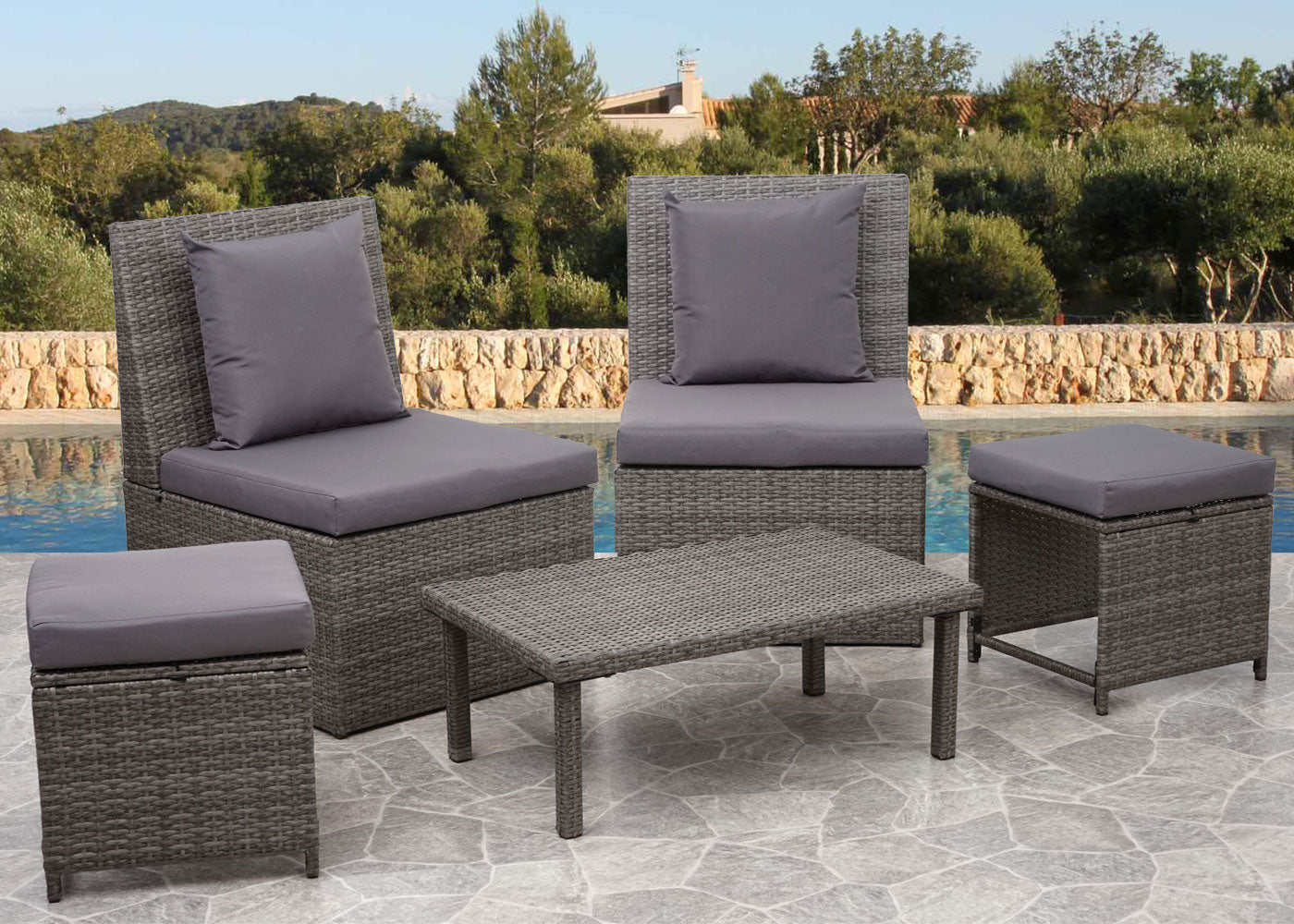 Cosmo Casa - Fauteuil - Lounge - Polyrotan - Zwart & Lichtgrijs