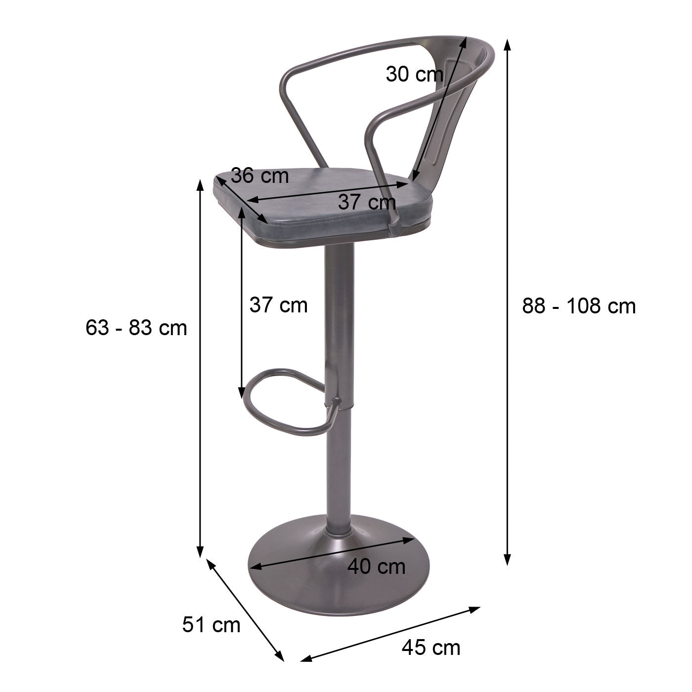 Cosmo Casa - Set van 2 Barkrukken - Verstelbaar - Kunstleer - Vintage zwart-grijs