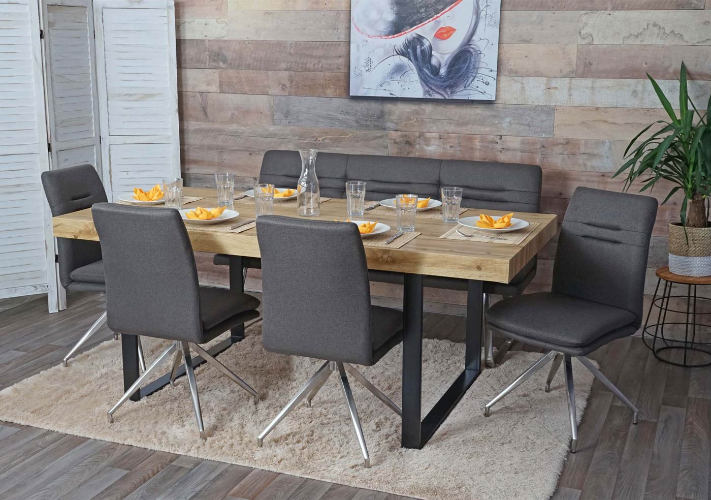 Cosmo Casa - Eetkamerbank - Gestoffeerd - Textiel & Roestvrij staal - Grijsbruin - 160 cm