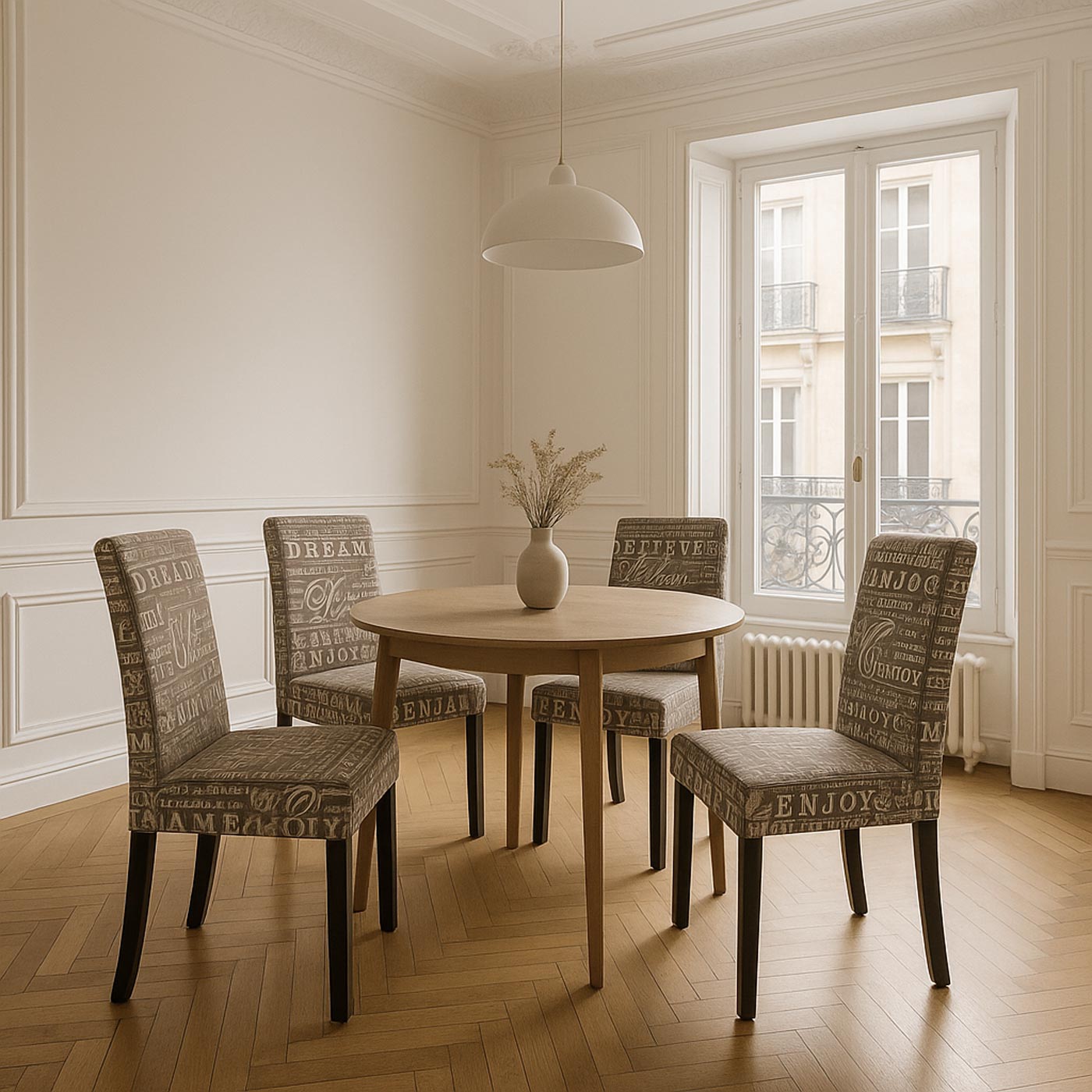 Cosmo Casa - Eetkamerstoel - Keukenstoel Littau - Textiel - Grijze Letters - Donkere Poten