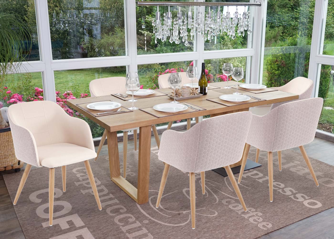 Cosmo Casa - Eetkamerstoel - Retrodesign Keukenstoel - Armleuningen Stoftextiel - Crèmebeige