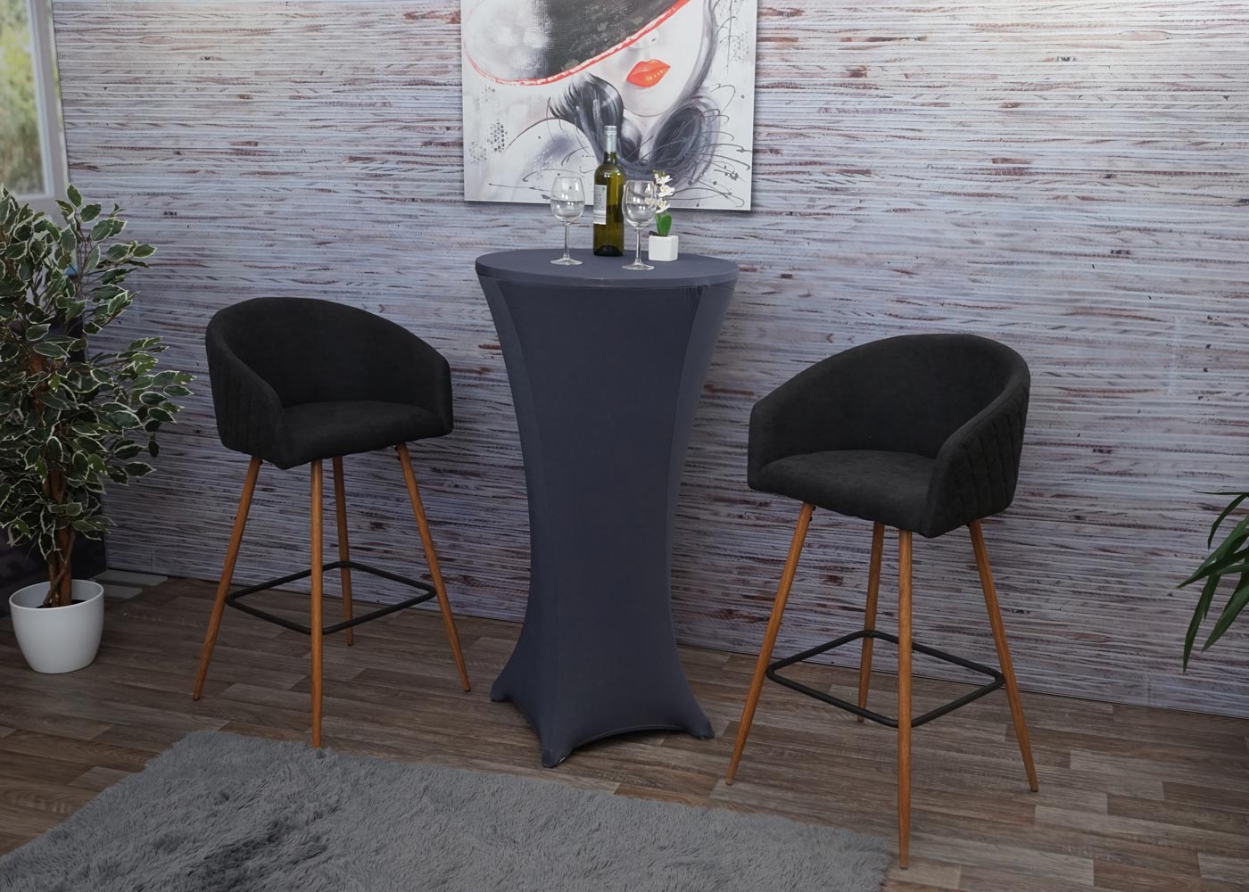 Cosmo Casa - Set van 2 Barkrukken - Barkruk - Keukenkruk met Rugleuning - Metaal Houtlook - Stoftextiel - Antracietgrijs