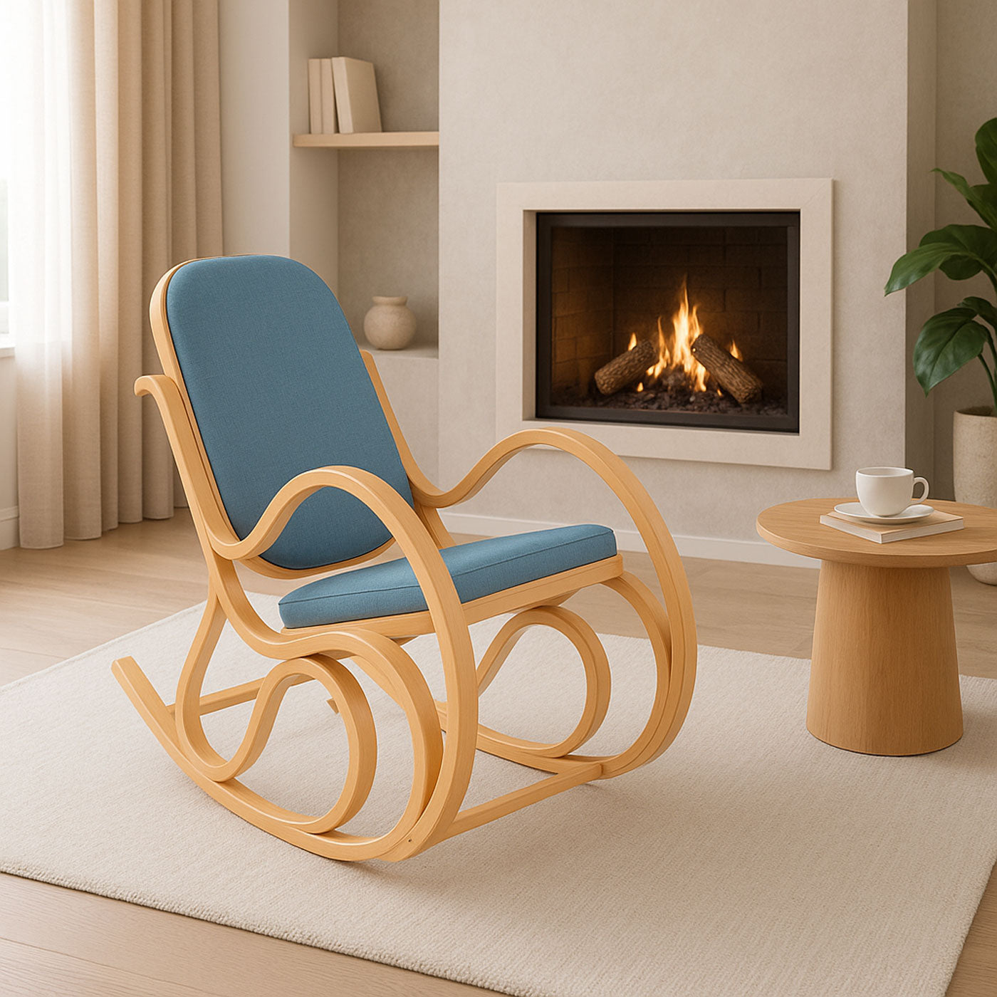 Cosmo Casa - Schommelstoel - TV-Stoel met Armleuningen - Massief Hout - Eikenlook - Blauw