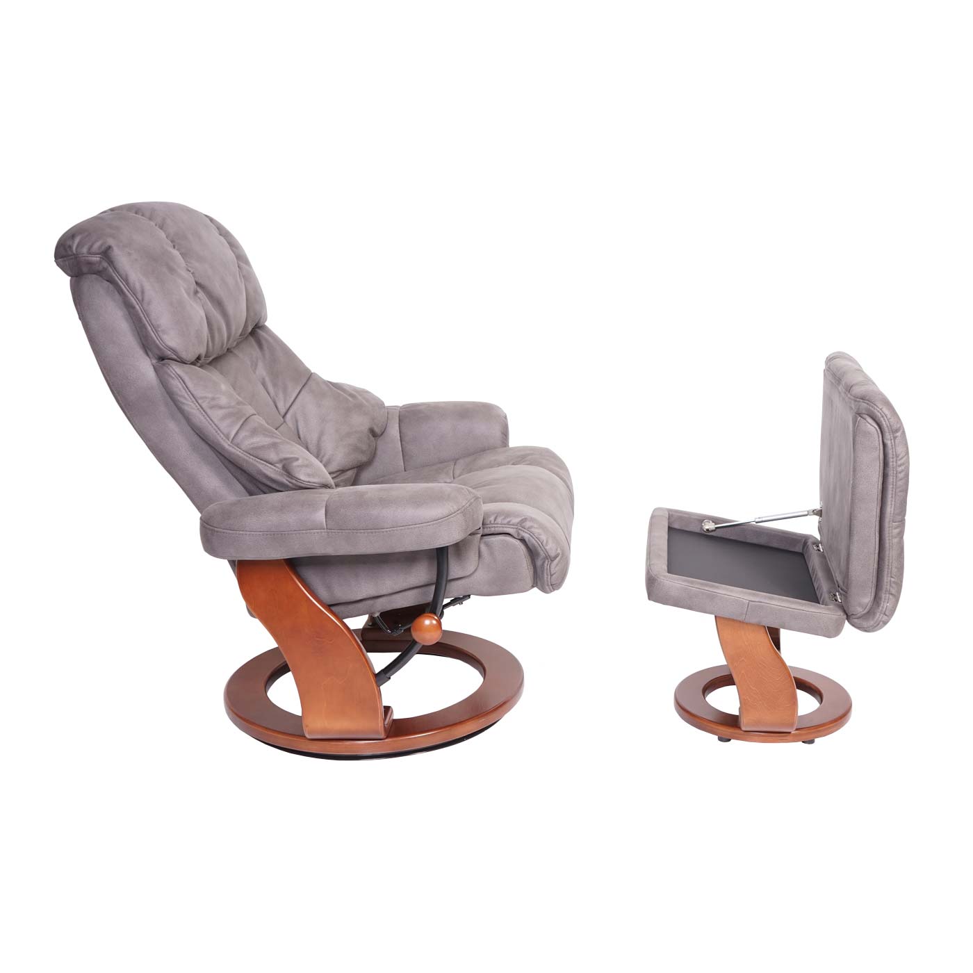 Cosmo Casa - Relaxstoel XXL - Met kruk - Textiel - Donkergrijs - Frame walnootlook