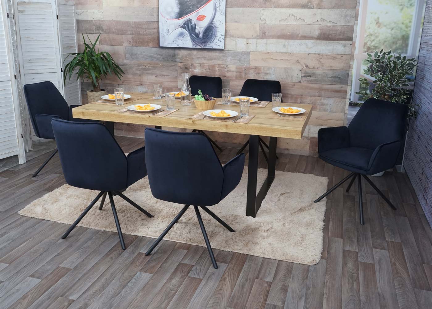 Cosmo Casa - Eetkamerstoel - Keukenstoel met Armleuningen - Fluweel - Antracietblauw - Zwarte Poten