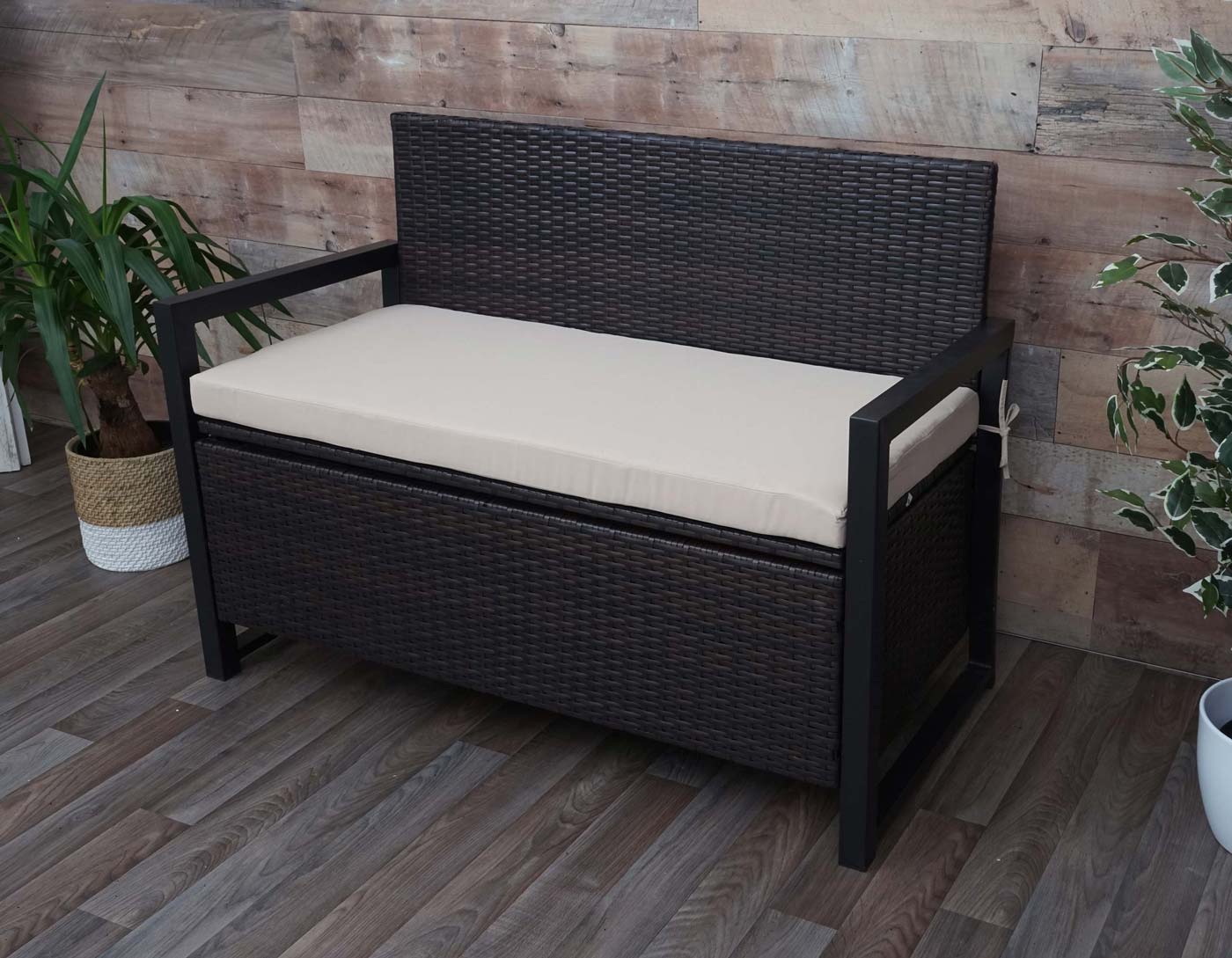 Cosmo Casa - Polyrotan 2-zitsbank - Tuinbank - Borstbank - Opbergvak - Zitkussen - Bruin met Beige Kussen