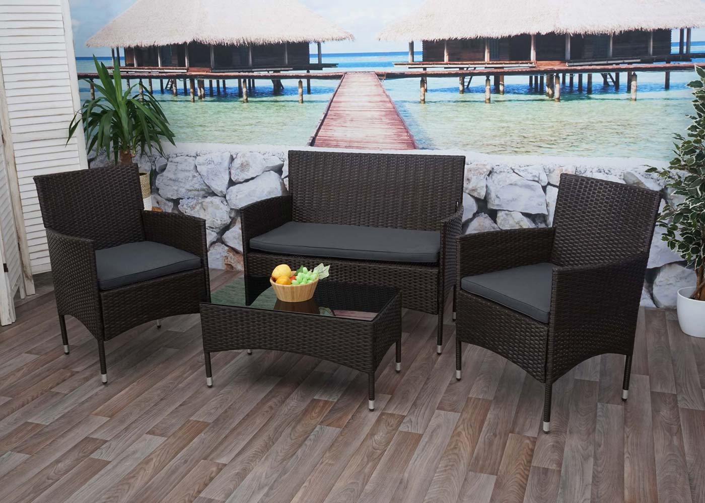 Cosmo Casa - Polyrotan Set - Balkon Tuin Loungeset Bank Zitgroep - Bruin met Donkergrijze Kussens