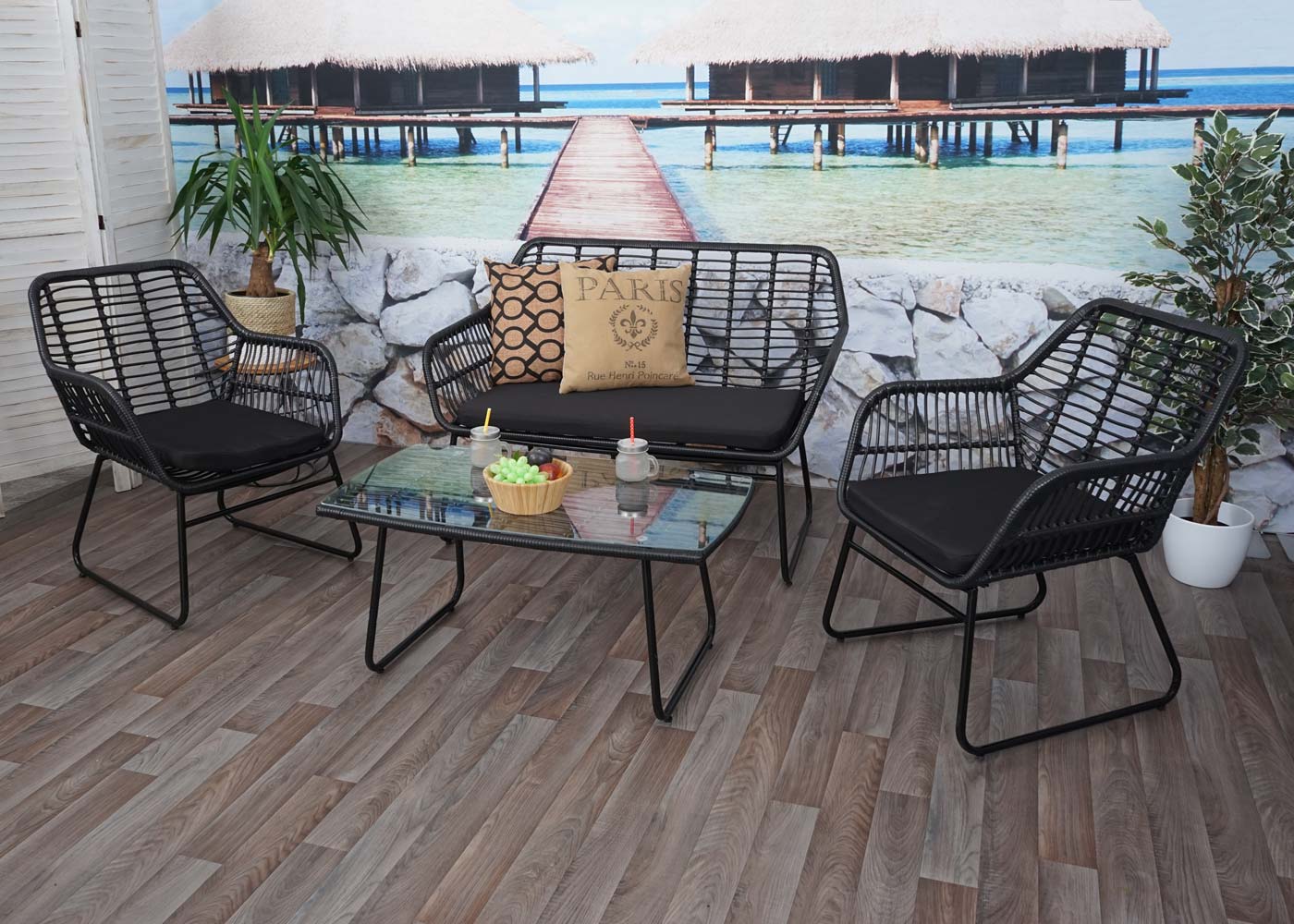 Cosmo Casa - Polyrattan Set - Tuinbankset Zitgroep Stoel - Touw - Antraciet - Bekleding Antraciet zonder Sierkussens