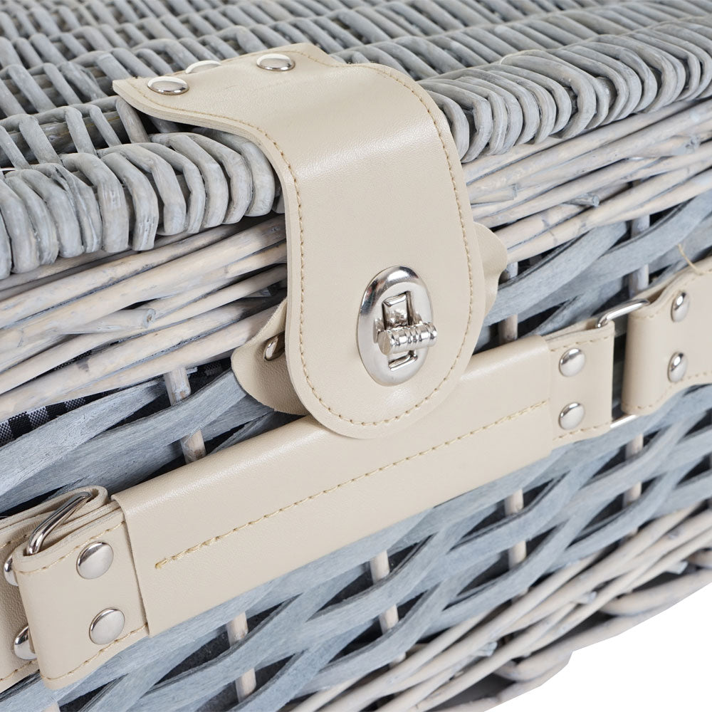 Cosmo Casa - Picknickmandset - Rieten Mand - Porselein - Roestvrij Staal - Grijsgroen