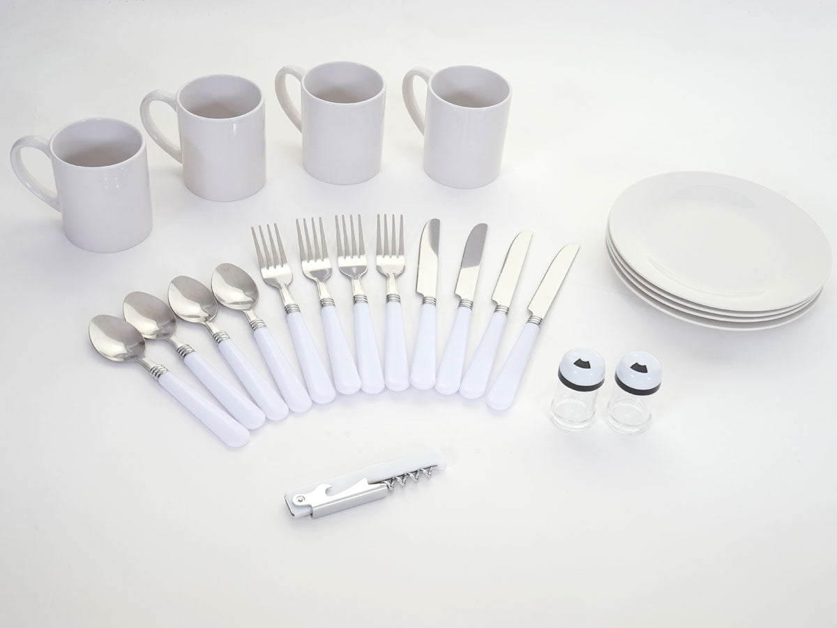 Cosmo Casa - Picknickmandset - Rieten Mand - Porselein - Roestvrij Staal - Grijsgroen