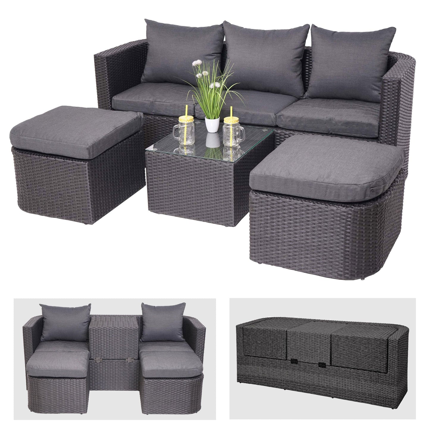 Cosmo Casa - Loungeset - Zonne-eiland met Kussens - Polyrotan - Antraciet Donkergrijs