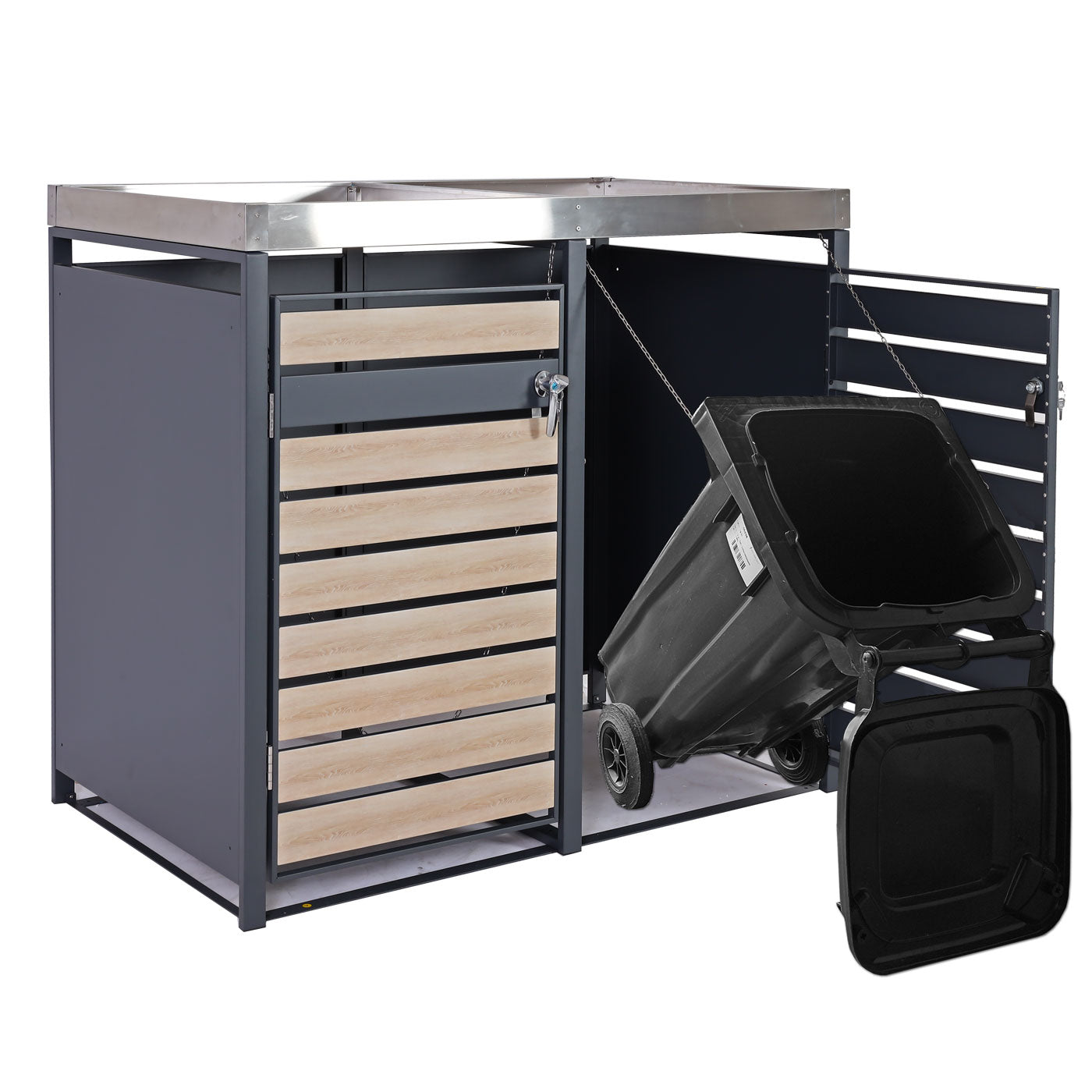 Cosmo Casa - 2 Vuilnisbakkenbekleding met Plantenbak - Uitbreidbaar - Metaal - Antraciet & Beukenhoutlook - 125×132×80 cm / 47 kg