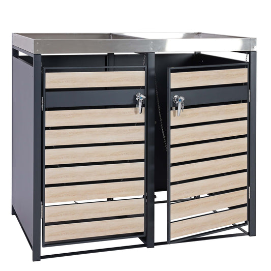 Cosmo Casa - 2 Vuilnisbakkenbekleding met Plantenbak - Uitbreidbaar - Metaal - Antraciet & Beukenhoutlook - 125×132×80 cm / 47 kg