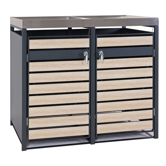 Cosmo Casa - 2 Vuilnisbakkenbekleding met Plantenbak - Uitbreidbaar - Metaal - Antraciet & Beukenhoutlook - 125×132×80 cm / 47 kg