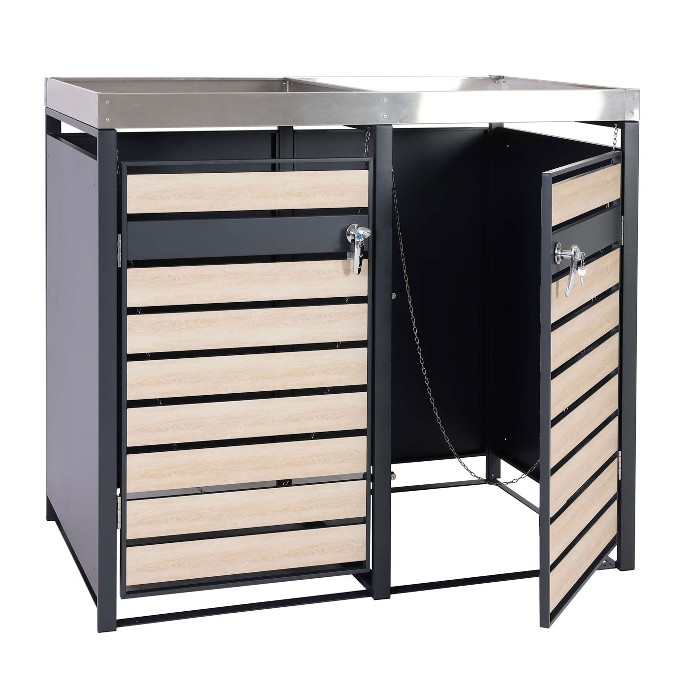 Cosmo Casa - 2 Vuilnisbakkenbekleding met Plantenbak - Uitbreidbaar - Metaal - Antraciet & Beukenhoutlook - 125×132×80 cm / 47 kg