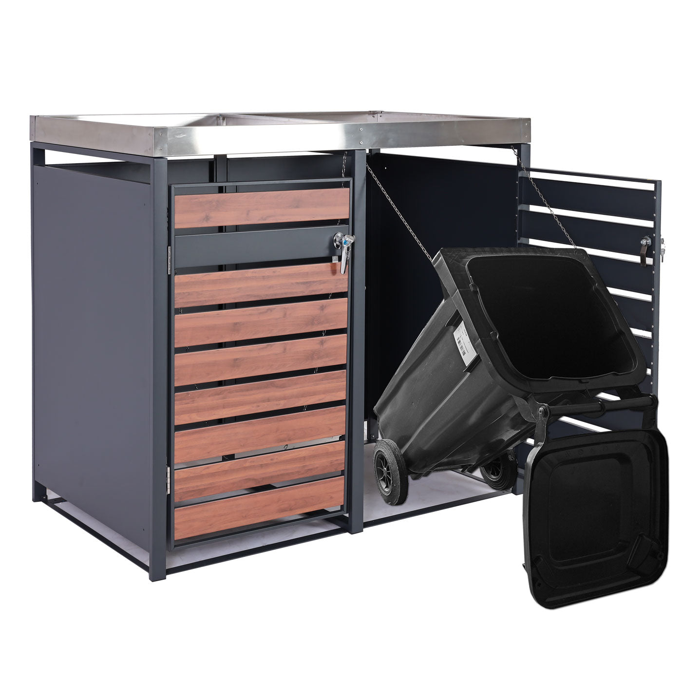 Cosmo Casa - 2 Vuilnisbakkenbekleding met Plantenbak - Uitbreidbaar - Metaal - Antraciet & Kersenhoutlook - 125×132×80 cm / 47 kg