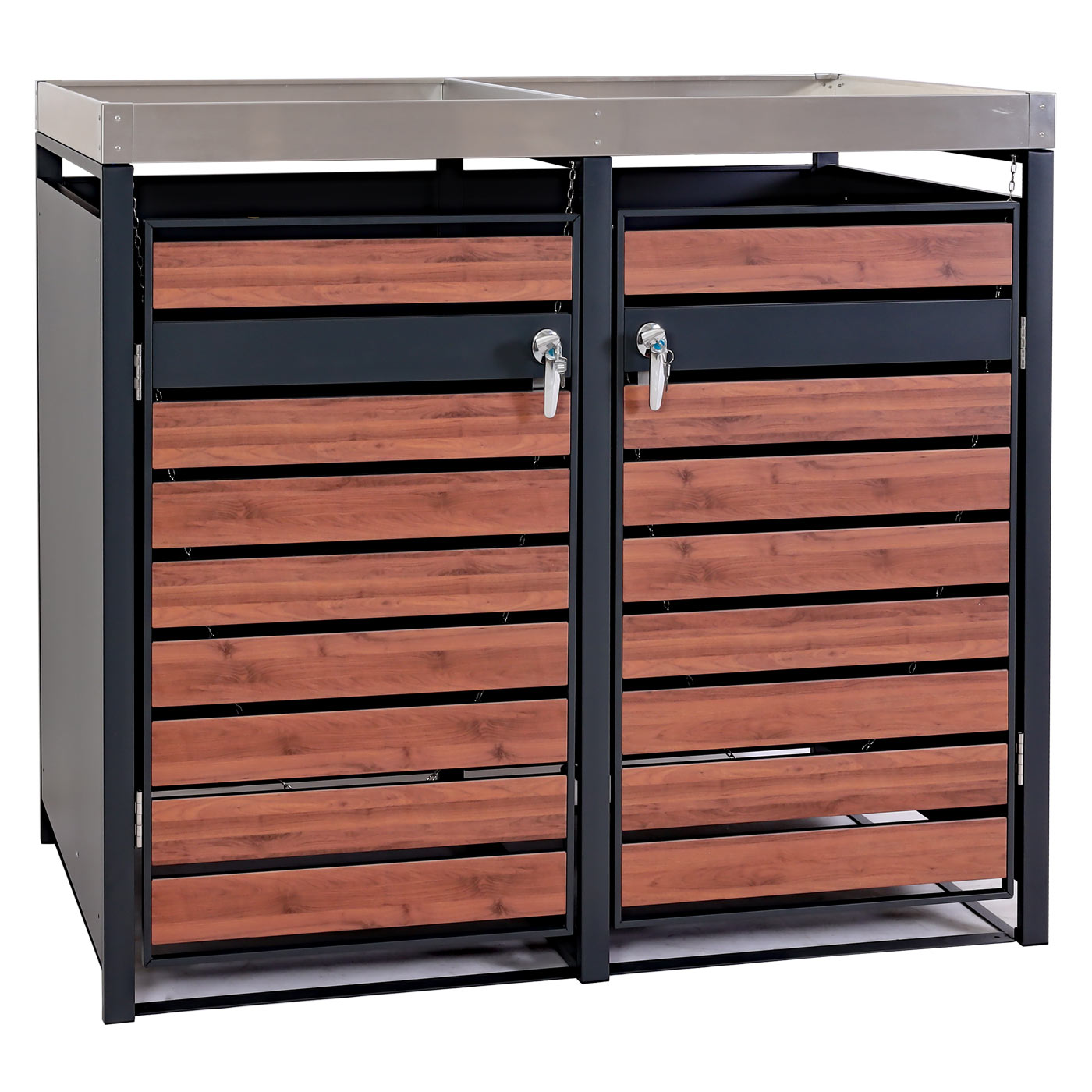 Cosmo Casa - 2 Vuilnisbakkenbekleding met Plantenbak - Uitbreidbaar - Metaal - Antraciet & Kersenhoutlook - 125×132×80 cm / 47 kg