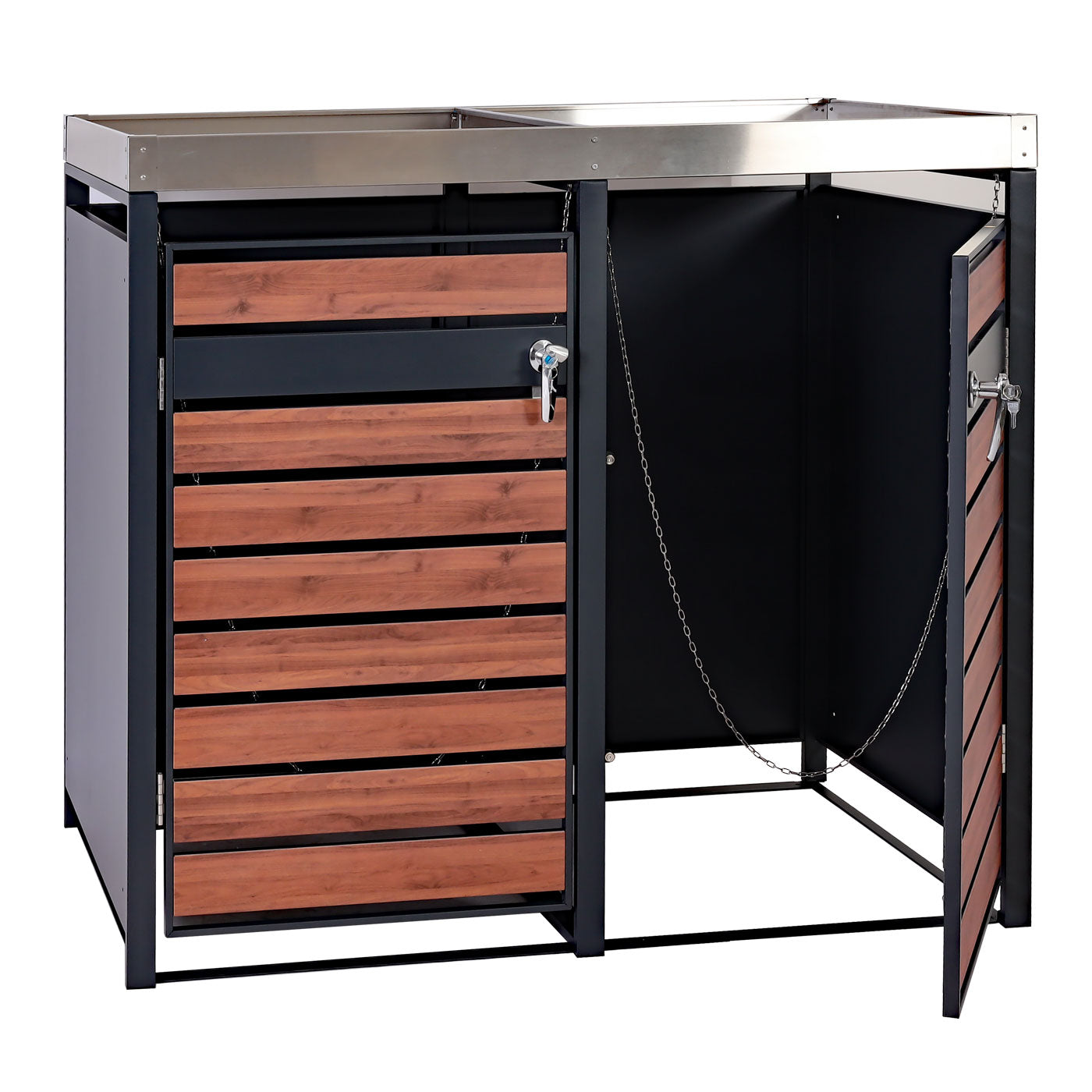 Cosmo Casa - 2 Vuilnisbakkenbekleding met Plantenbak - Uitbreidbaar - Metaal - Antraciet & Kersenhoutlook - 125×132×80 cm / 47 kg