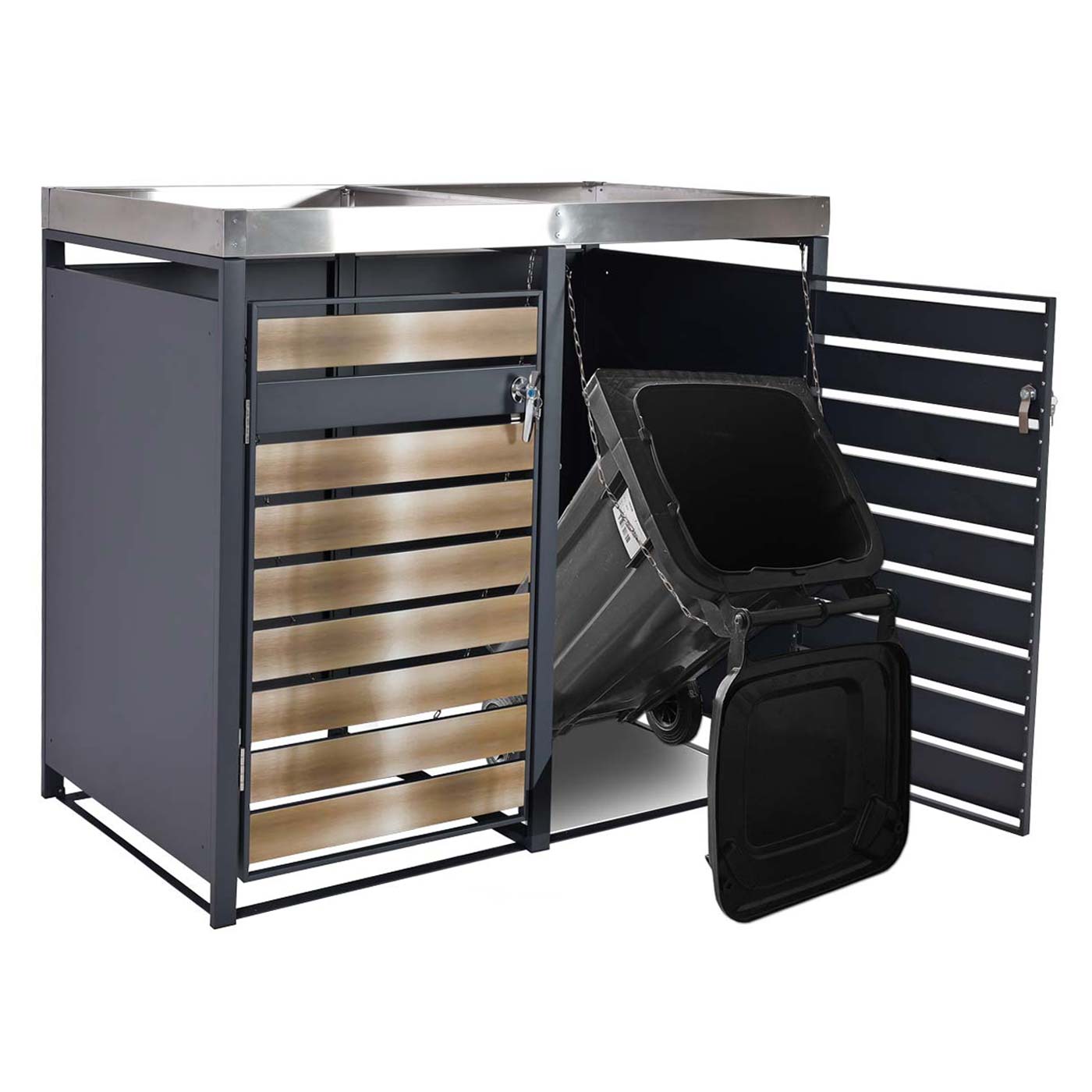 Cosmo Casa - 2 Vuilnisbakkenbekleding met Plantenbak - Uitbreidbaar - Metaal - Antraciet & Goud - 125×132×80 cm / 47 kg