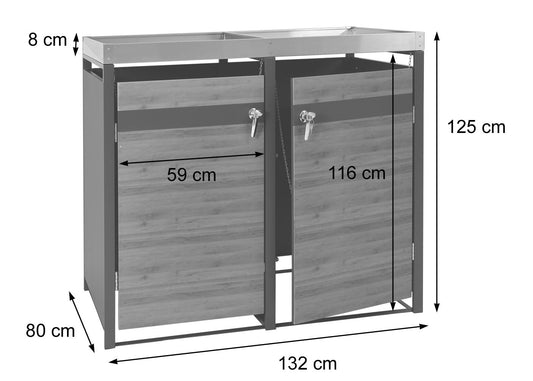 Cosmo Casa - 2 Vuilnisbakkenbekleding met Plantenbak - Uitbreidbaar - Metaal - Antraciet & Kersenhoutlook - Donkerbruin / 59 kg