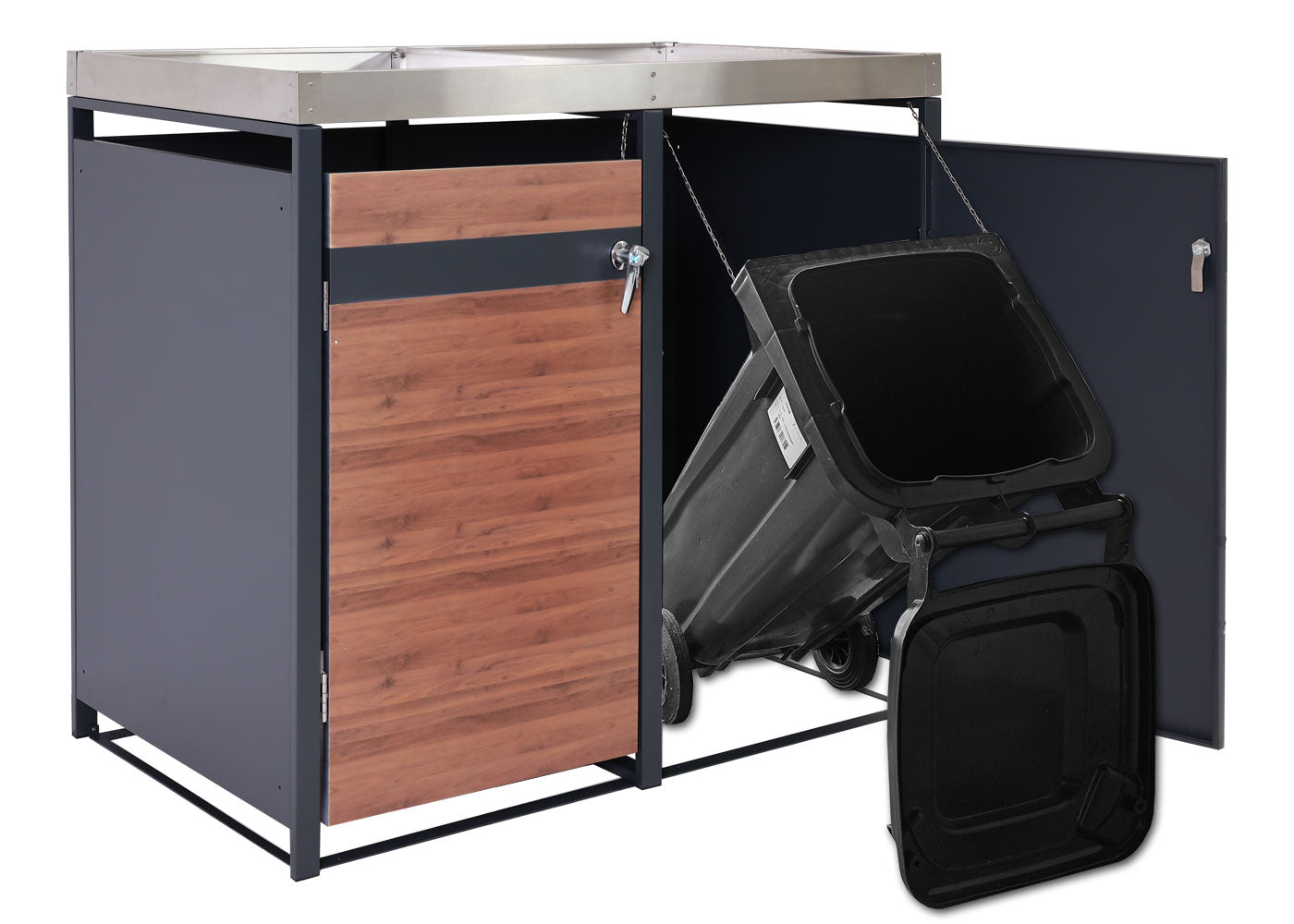 Cosmo Casa - 2 Vuilnisbakkenbekleding met Plantenbak - Uitbreidbaar - Metaal - Antraciet & Kersenhoutlook - Donkerbruin / 59 kg