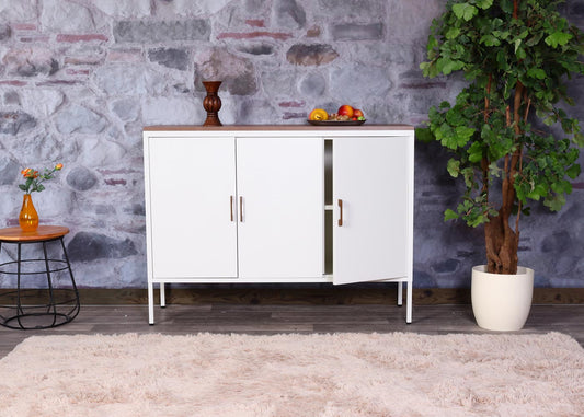 Cosmo Casa - Ladekast - Dressoirkast 3 deuren - Metaal en Melamine - Wit - 90×120×40 cm