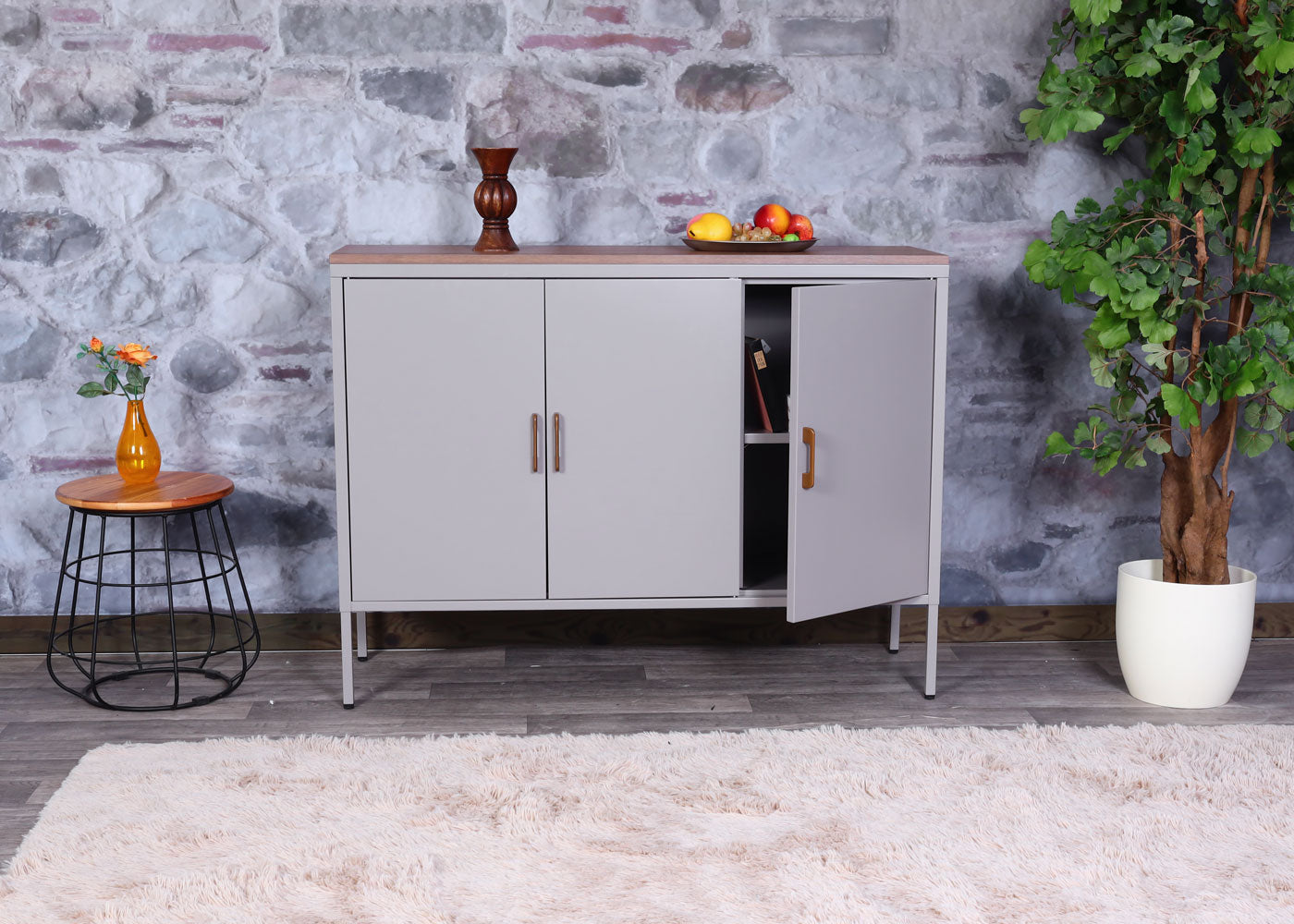 Cosmo Casa - Ladekast - Dressoirkast 3 deuren - Metaal en Melamine - Grijs - 90×120×40 cm
