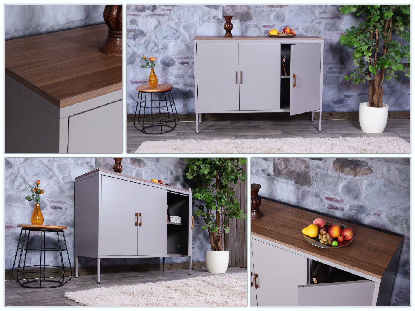 Cosmo Casa - Ladekast - Dressoirkast 3 deuren - Metaal en Melamine - Grijs - 90×120×40 cm