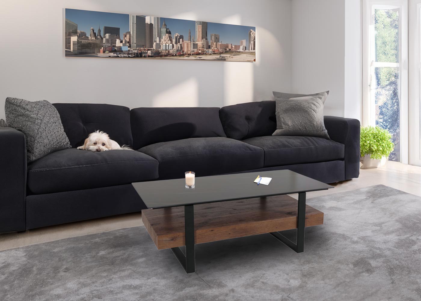 Cosmo Casa - Salontafel - IJzeren Plank - Gesinterde Steen Marmerlook - Zwart en Donkerbruin Hout