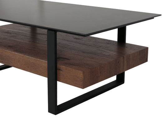 Cosmo Casa - Salontafel - IJzeren Plank - Gesinterde Steen Marmerlook - Zwart en Donkerbruin Hout