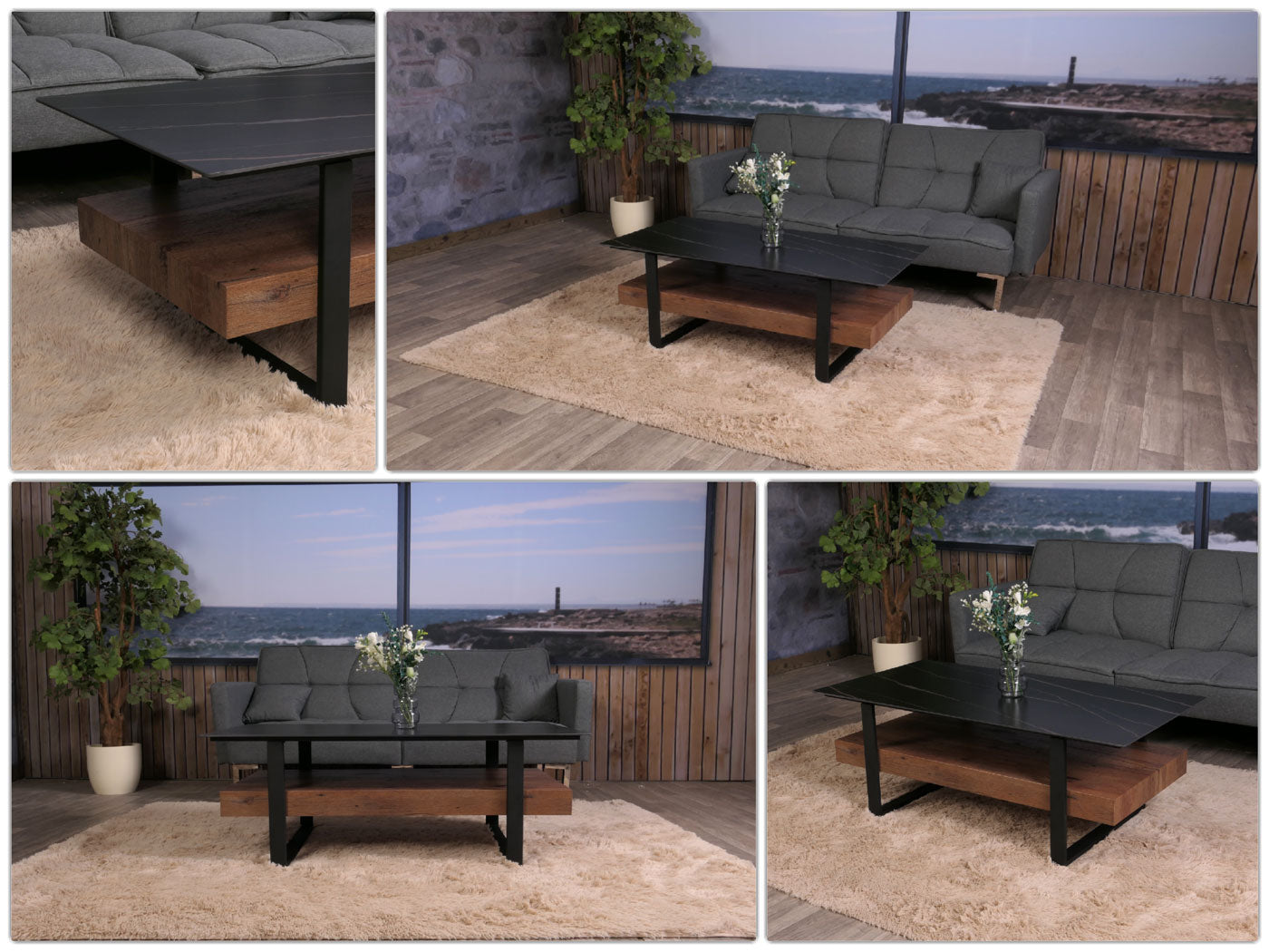 Cosmo Casa - Salontafel - IJzeren Plank - Gesinterde Steen Marmerlook - Zwart en Donkerbruin Hout