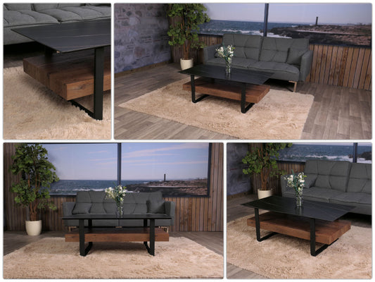 Cosmo Casa - Salontafel - IJzeren Plank - Gesinterde Steen Marmerlook - Zwart en Donkerbruin Hout