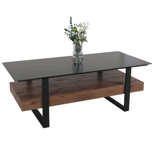 Cosmo Casa - Salontafel - IJzeren Plank - Gesinterde Steen Marmerlook - Zwart en Donkerbruin Hout