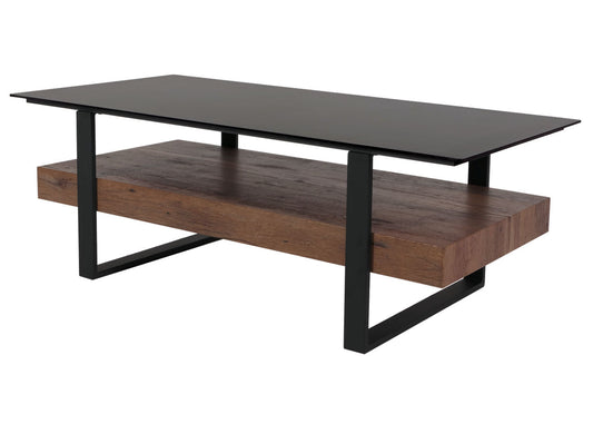 Cosmo Casa - Salontafel - IJzeren Plank - Gesinterde Steen Marmerlook - Zwart en Donkerbruin Hout