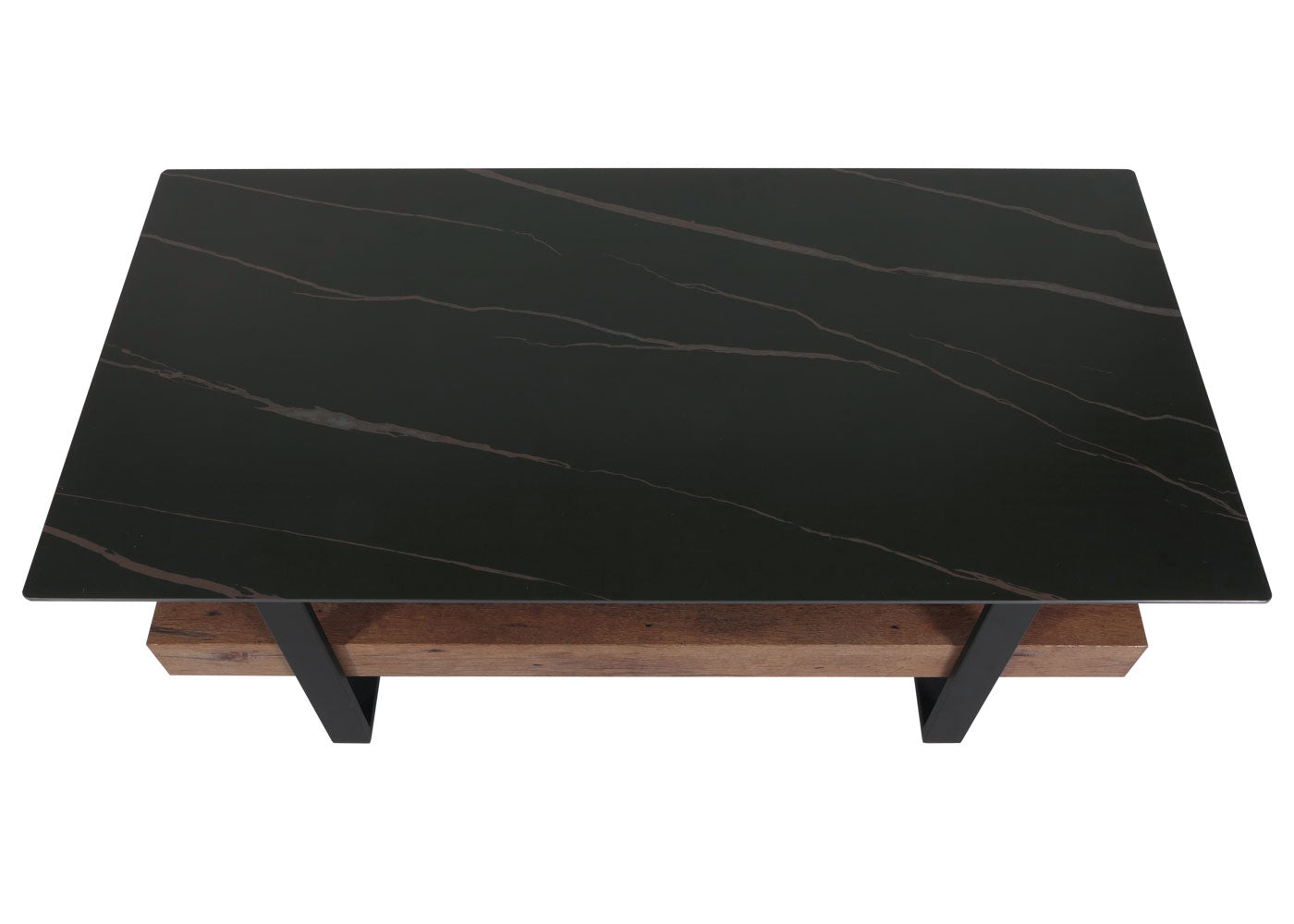 Cosmo Casa - Salontafel - IJzeren Plank - Gesinterde Steen Marmerlook - Zwart en Donkerbruin Hout