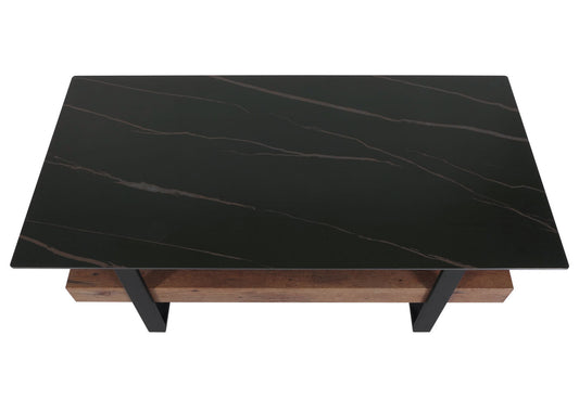 Cosmo Casa - Salontafel - IJzeren Plank - Gesinterde Steen Marmerlook - Zwart en Donkerbruin Hout