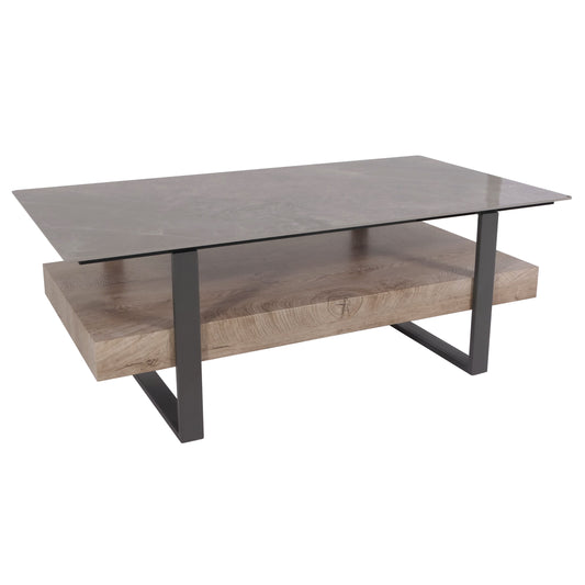 Cosmo Casa - Salontafel - IJzeren Plank - Gesinterde Steen Marmerlook - Grijs en Grijsbruin Hout